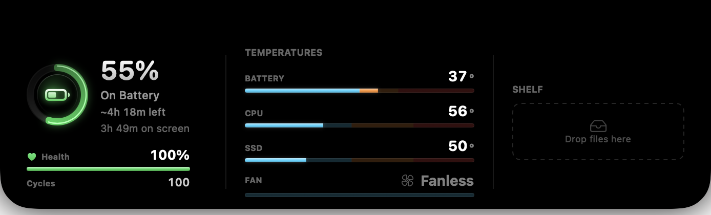 MacWake Dynamic Island in the MacBook notch showing battery level, health, temperatures and the file Shelf