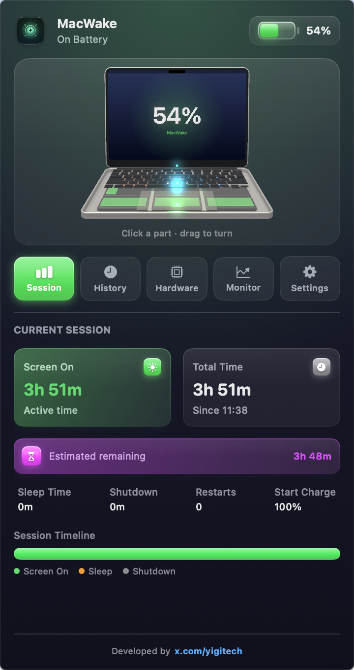 MacWake menu bar panel showing a 3D MacBook Air model, battery level and current session